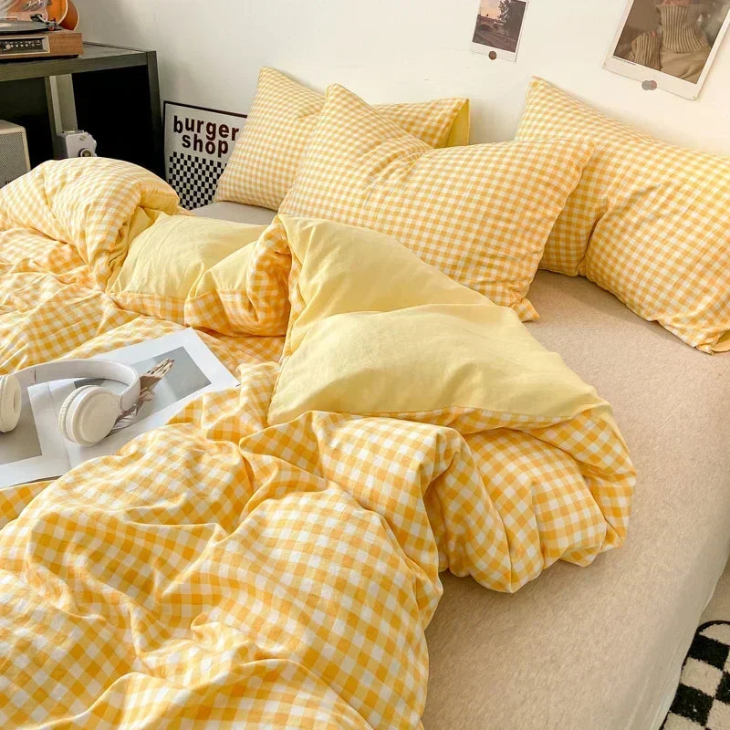 طقم غطاء لحاف بنمط ياباني كاروهات من DecorBites™ - غطاء لحاف ومخدة مغسولان وناعمين