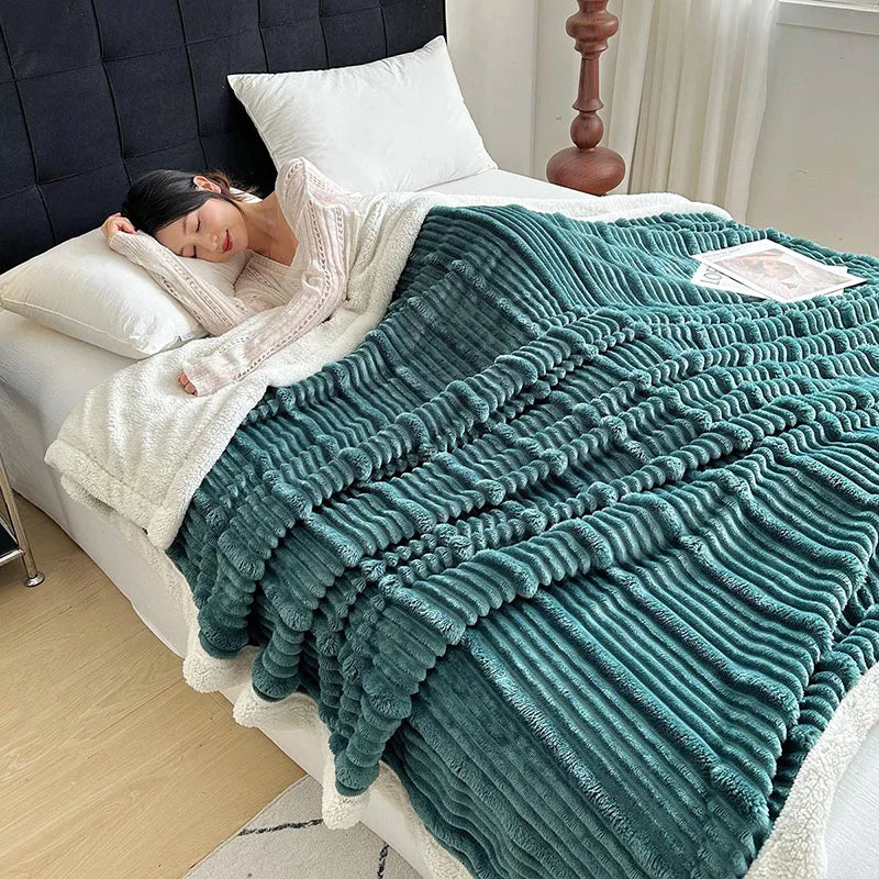 DecorBites™ Cozy Lamb Wool Plush Blanket for Adults: Soft, Thickened, Multi-Use Ribbed Shawl