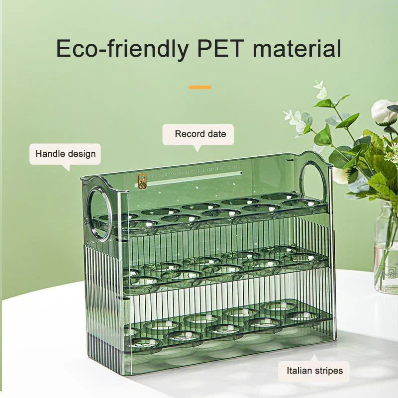 DecorBites™ 30-Grid Egg Holder Dispenser for Refrigerator: Large Capacity Auto-Flip Container