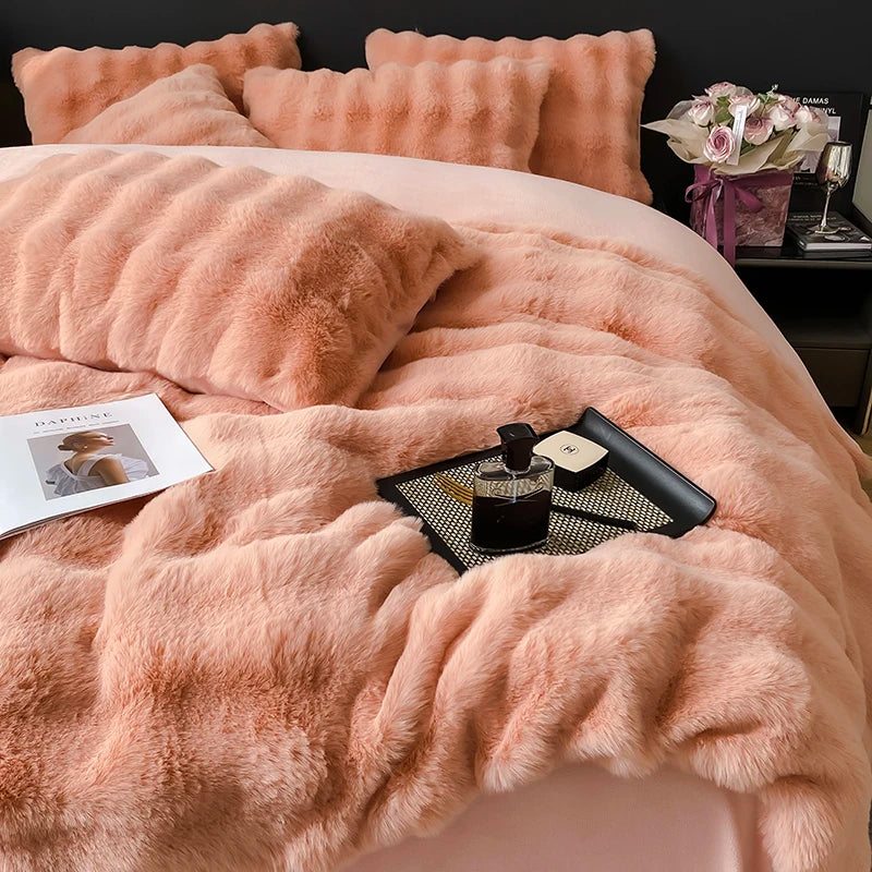 طقم مفروشات فرو الأرنب الصناعي المتدرج من DecorBites™ - أغطية لحاف قطيفة فاخرة ودافئة وأطقم لحاف