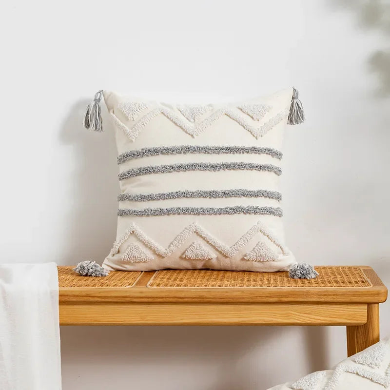 DecorBites™ Geometric Tufted Tassel Cushion Cover White Grey Bohemian Decor Pillow Cover