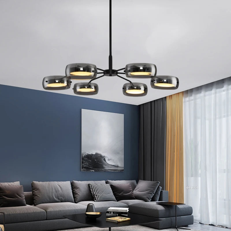 Modern Black Glass Multi-Pendant Chandelier With Remote