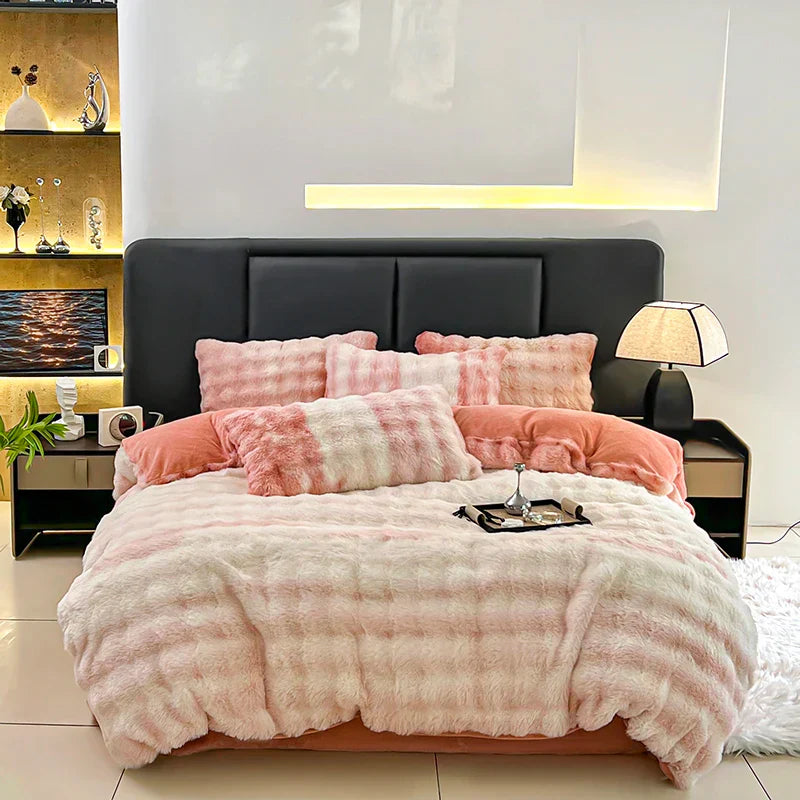 DecorBites™ Gradient Gray Faux Rabbit Fur Velvet Bedding Set: Duvet Cover, Bedsheet, Pillowcase