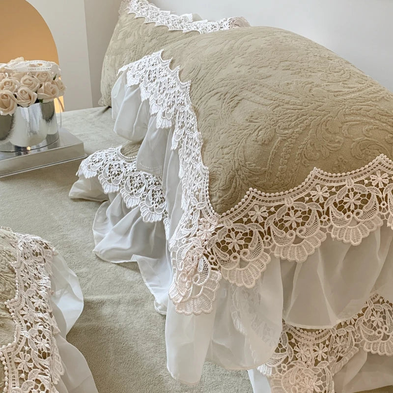 DecorBites™ French Lace Ruffles Velvet Bedding Set, Furry Duvet, Sheet, Pillowcases
