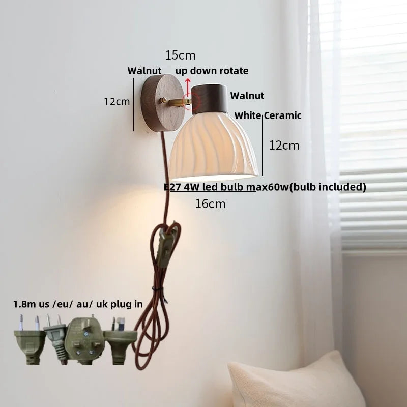 DecorBites™ LED Wall Light Fixture Modern Nordic Rotating Reading Lamp White Ceramic Wood