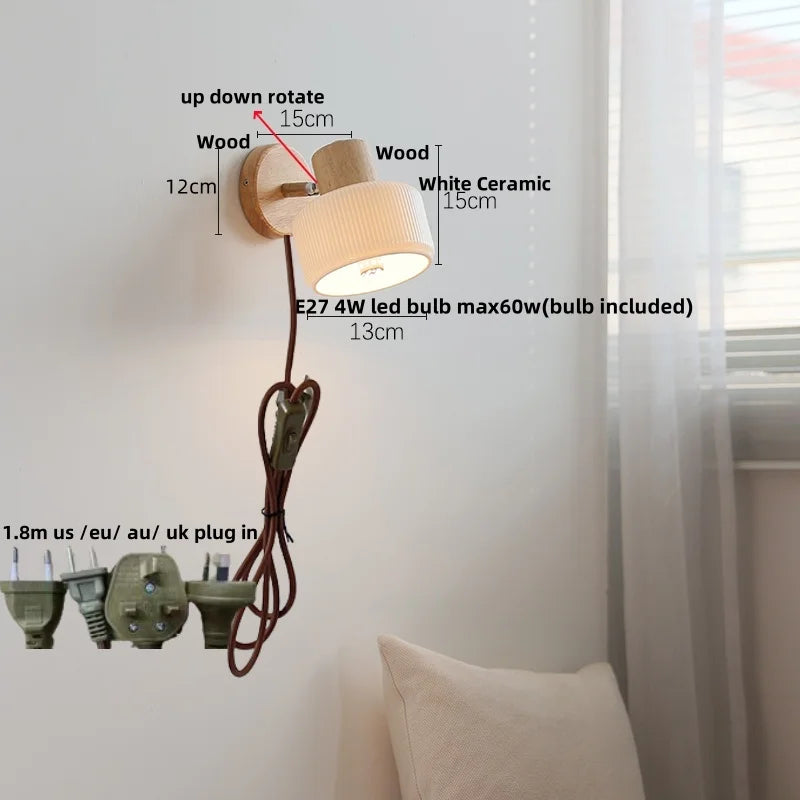 DecorBites™ LED Wall Lights Wood White Ceramic Rotate, Living Room Bedside Lamp