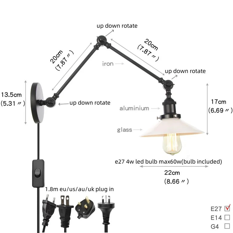 DecorBites™ Clear Glass Swing Arm Wall Light Fixture for Dining Living Room Cafe