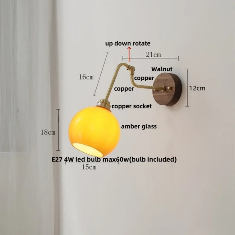 DecorBites™ Copper Glass Wall Sconce Amber LED Rotate Modern Bathroom Mirror Light