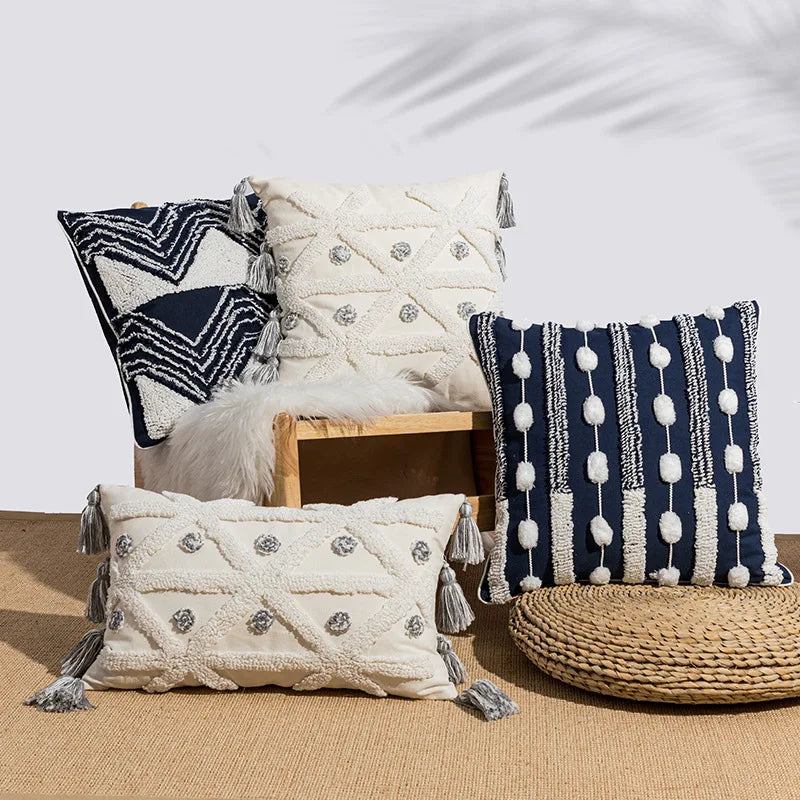 DecorBites™ Geometric Embroidered Cushion Cover with Tufted Tassels for Sofa and Bedroom