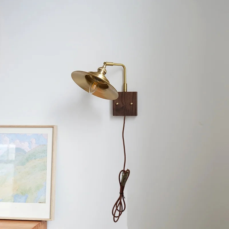 DecorBites™ LED Wall Light Walnut Wood Rotate Copper Bedside Lamp