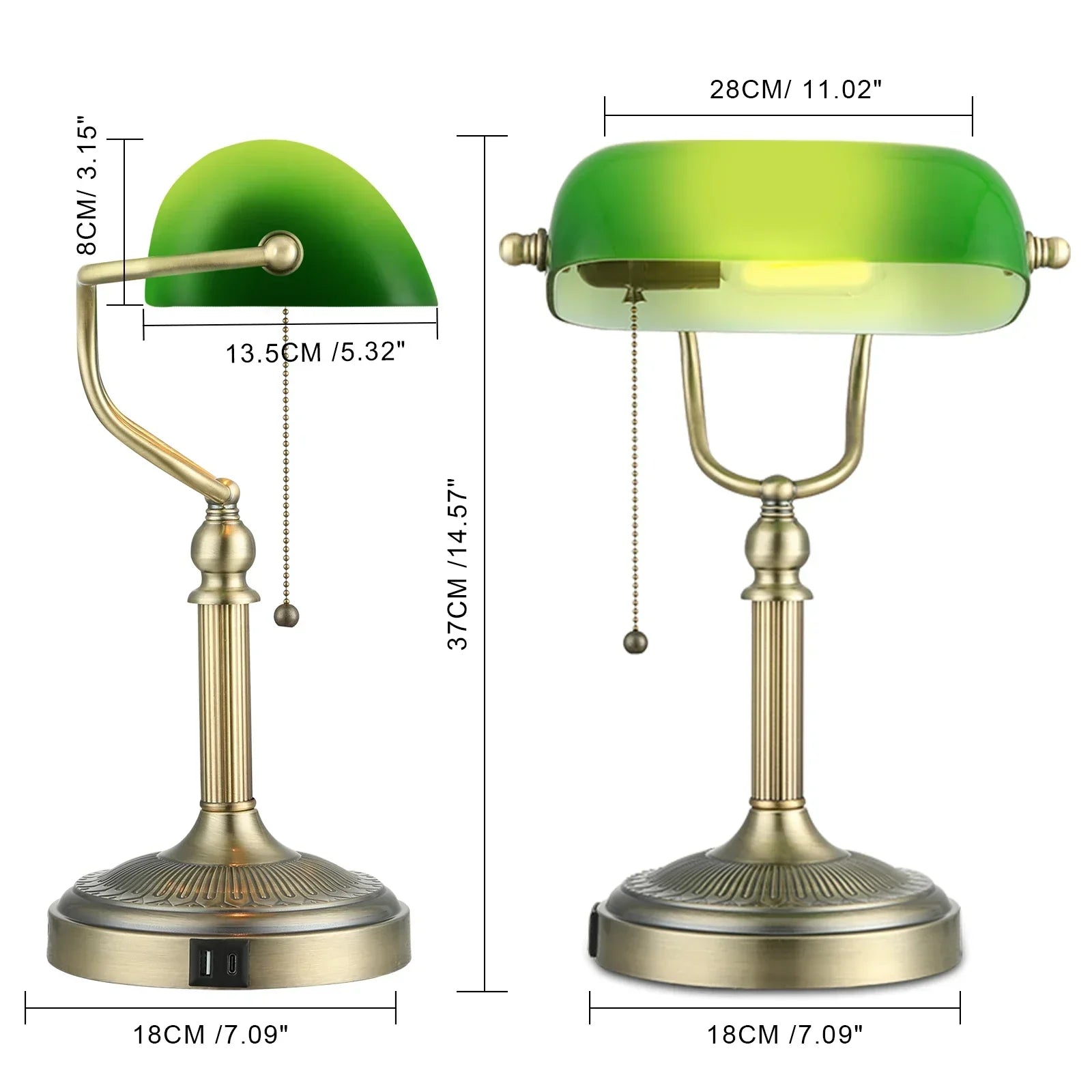 مصباح مكتب مصرفيين زجاجي أخضر DecorBites™ مع منفذ شحن USB ومفتاح سحب بسلسلة
