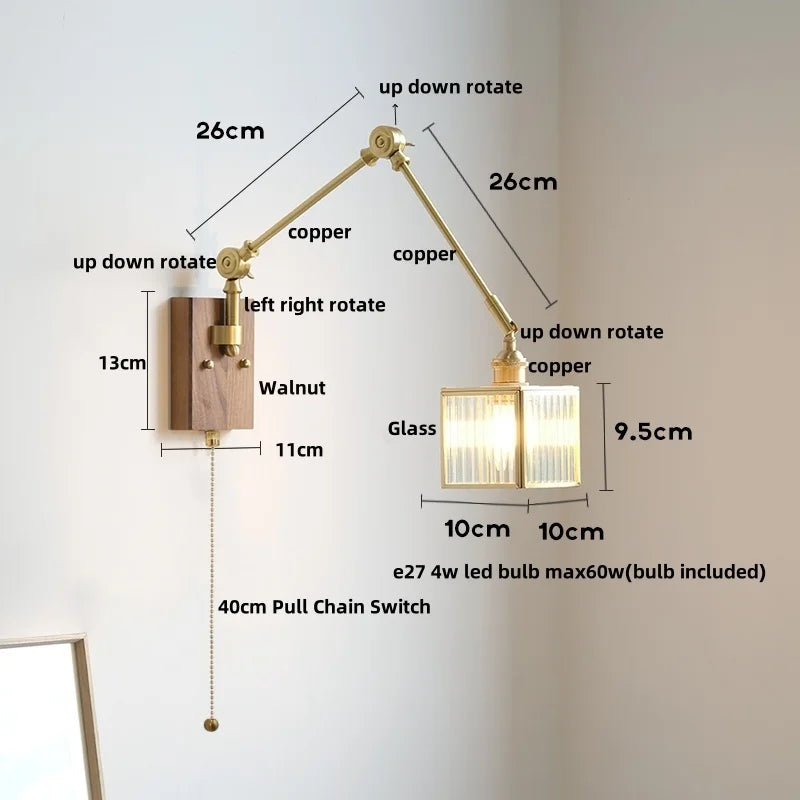 DecorBites™ Cube Glass LED Wall Sconce Walnut Wood 2 Arms Rotatable Mirror Light
