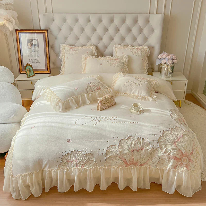 DecorBites™ French Princess Wedding Bedding Set, Lace Ruffles, Flowers Embroidery.