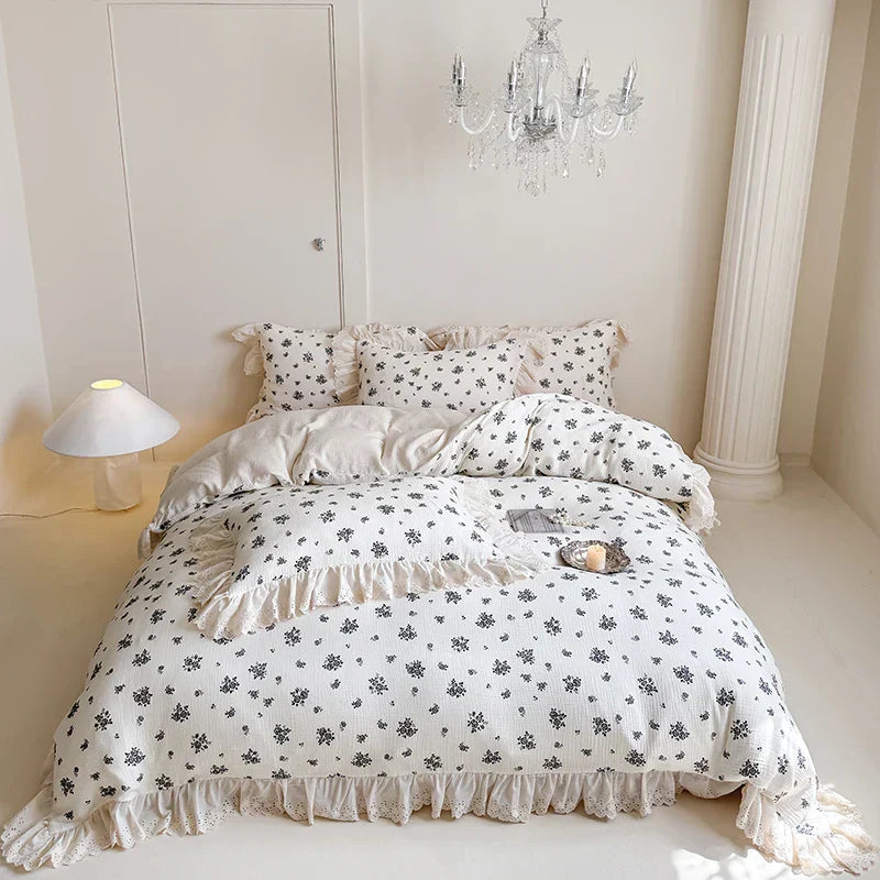 DecorBites™ French Lace Floral Ruffles Bedding Set - 100% Cotton Wrinkled Yarn 4Pcs