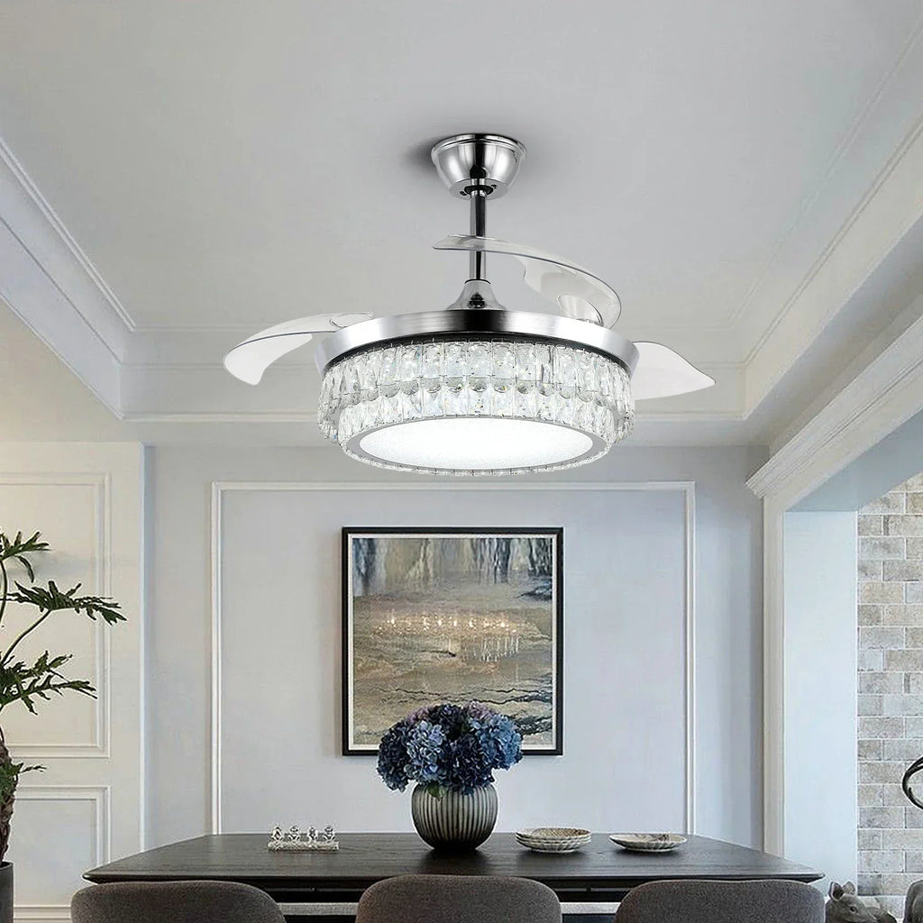 DecorBites™ Crystal Fan Chandelier LED Light Retractable Blades Dimmable Remote Modern Home Decor