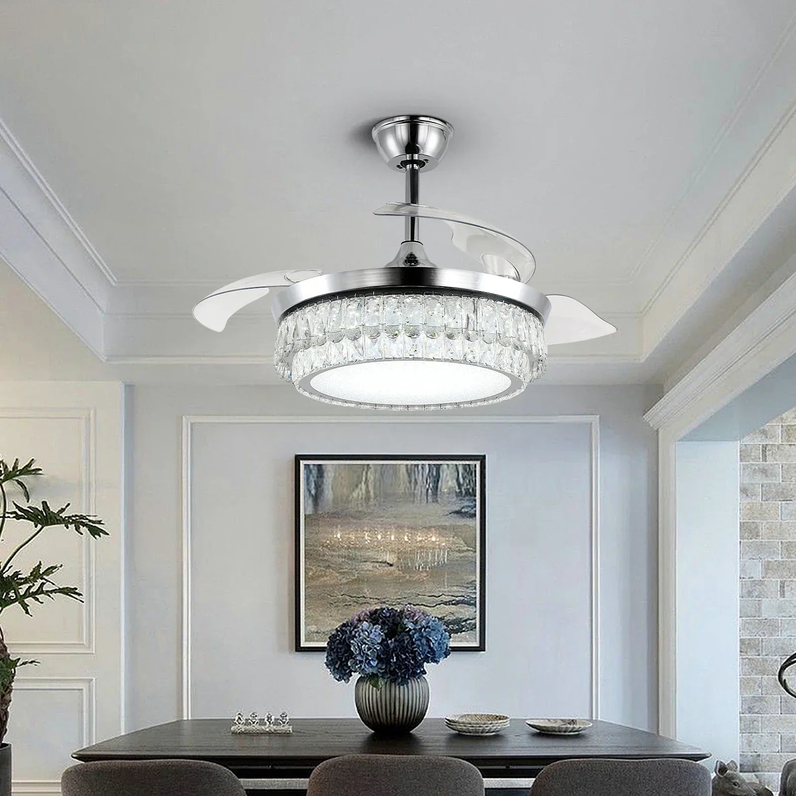DecorBites™ Crystal Fan Chandelier LED Light Retractable Blades Dimmable Remote Modern Home Decor