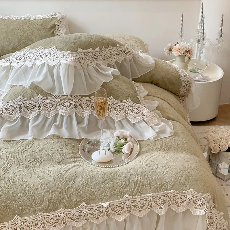 DecorBites™ French Lace Ruffles Velvet Bedding Set, Furry Duvet, Sheet, Pillowcases