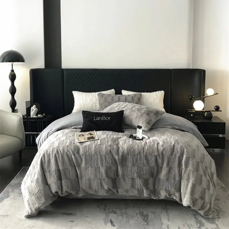 DecorBites™ Cozy Faux Rabbit Fur Bedding Set in Black & Grey: Duvet, Sheets, Pillowcases