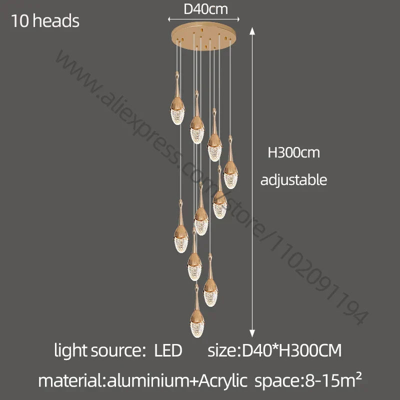 DecorBites™ Gold LED Staircase Chandelier: Elegant Luxury Large Pendant Lamp for Living Room