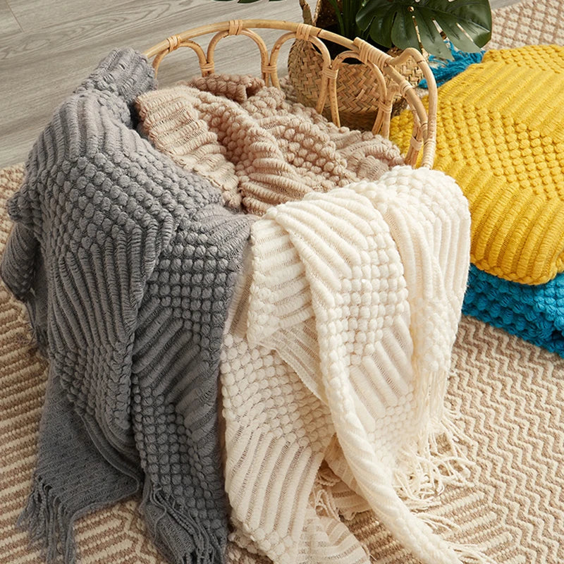 DecorBites™ 3D Knitted Tassel Blanket: Stylish Home Decor Throw for Sofa & Bed