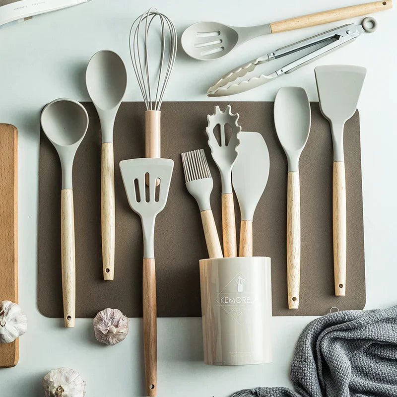 DecorBites™ 13-Piece Silicone Kitchen Utensil Set with Storage Box - Non-Stick Cooking Tools and Measuring Spoons