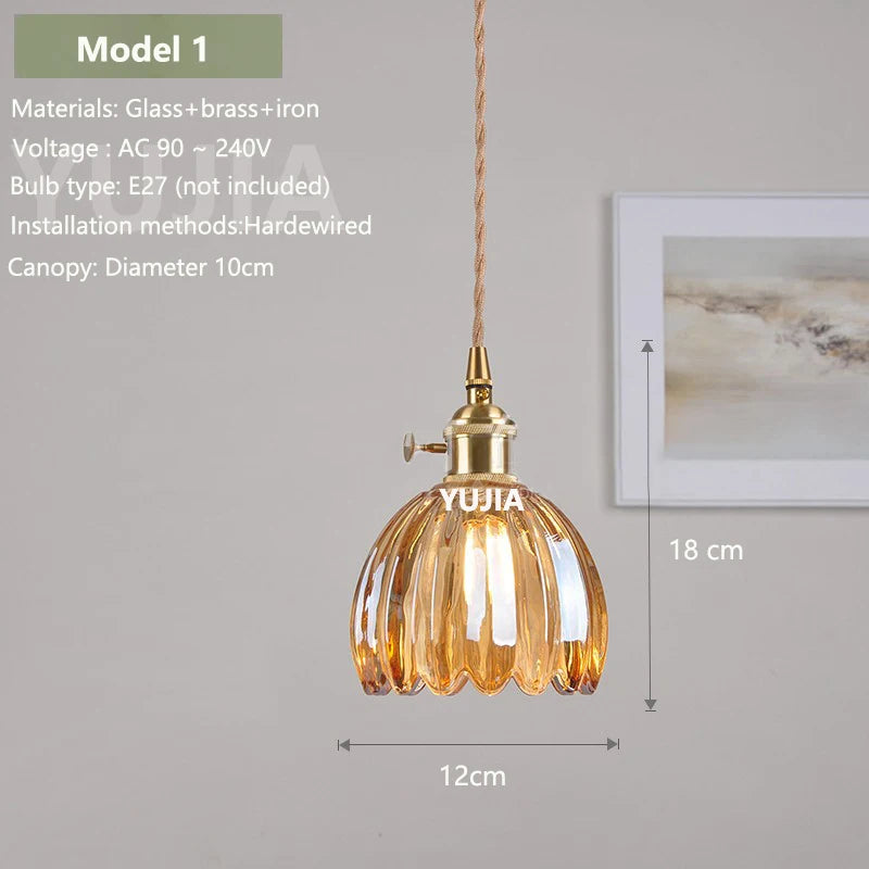 Vintage Amber Glass Pendant Light With Brass Detail