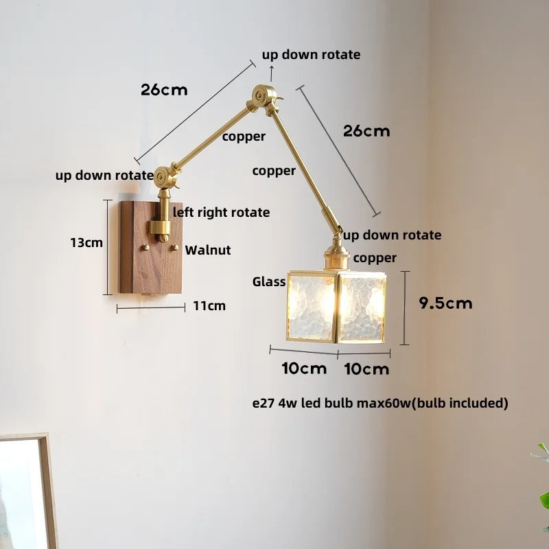 DecorBites™ Cube Glass LED Wall Sconce Walnut Wood 2 Arms Rotatable Mirror Light