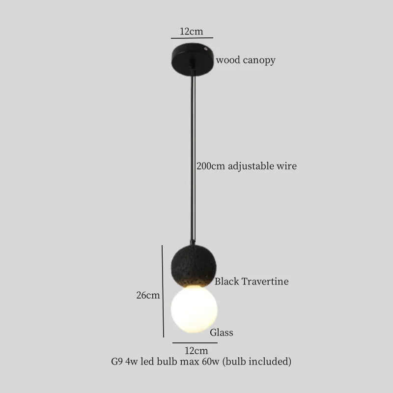 DecorBites™ Glass Ball LED Pendant Lights Black Travertine Wabi Sabi Hanging Lamp