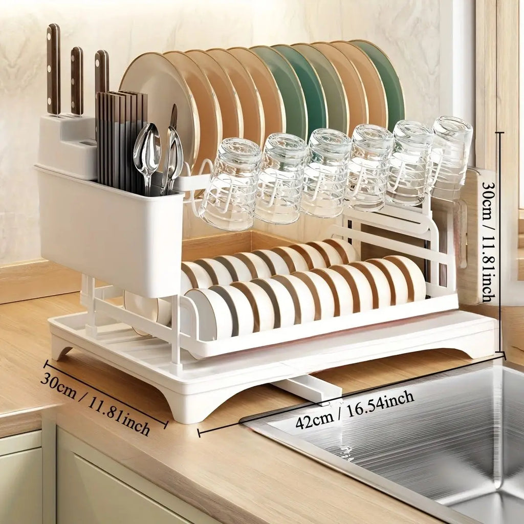 DecorBites™ 2 Tier Dish Drying Rack with Storage Holder & Drainer for Kitchen Organizing