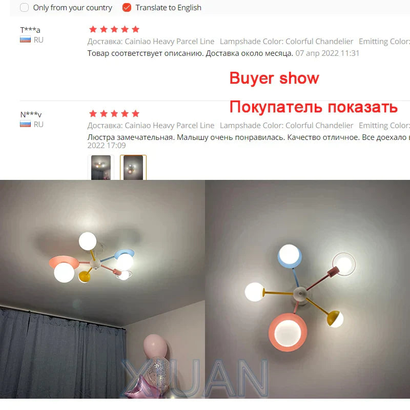 نجف زجاجي إسكندنافي للأطفال من ديكور بايتس™، مصباح سقف LED - بتصميم كرتوني أزرق وردي