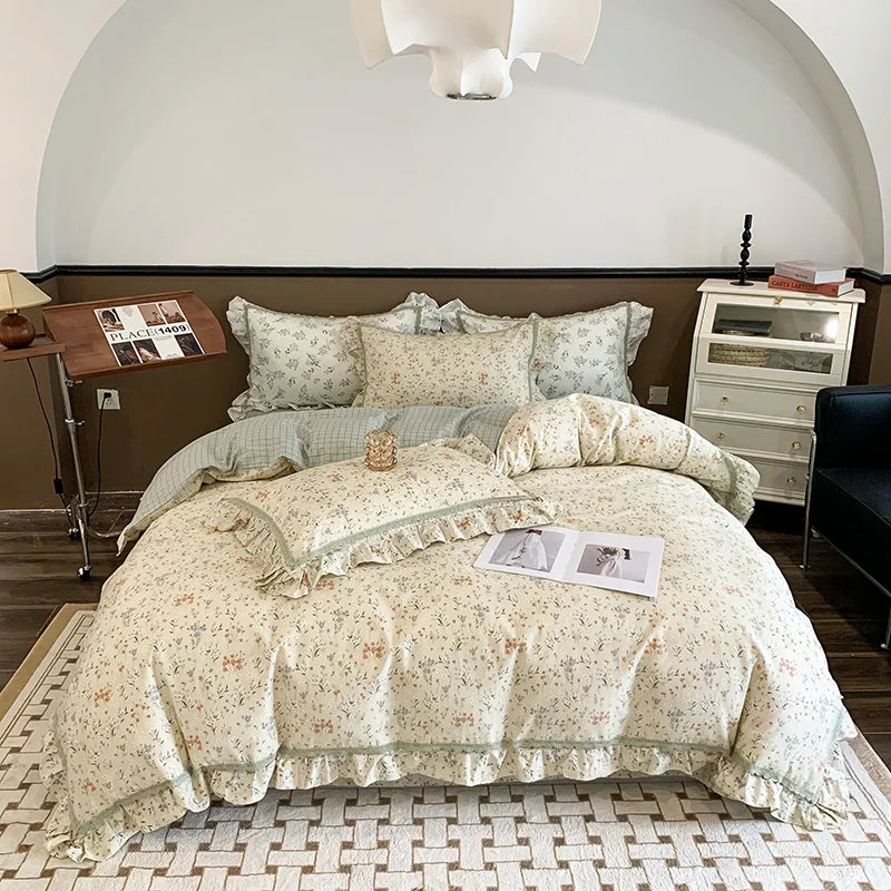 DecorBites™ French Floral Bedding Set, 100% Cotton, Ruffles, Duvet Cover, Bed Sheet, Pillowcases