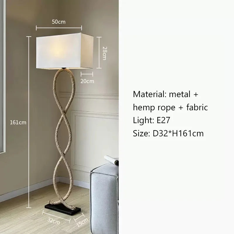 مصباح أرضي LED DecorBites™ بتصميم حبل القنب وقماش الظل بنمط وابي سابي ريترو شمالي