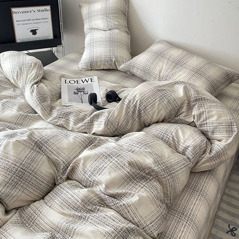 DecorBites™ Cotton Grid Bedding Set - Soft & Stylish Bed Sheet, Quilt Cover Kit