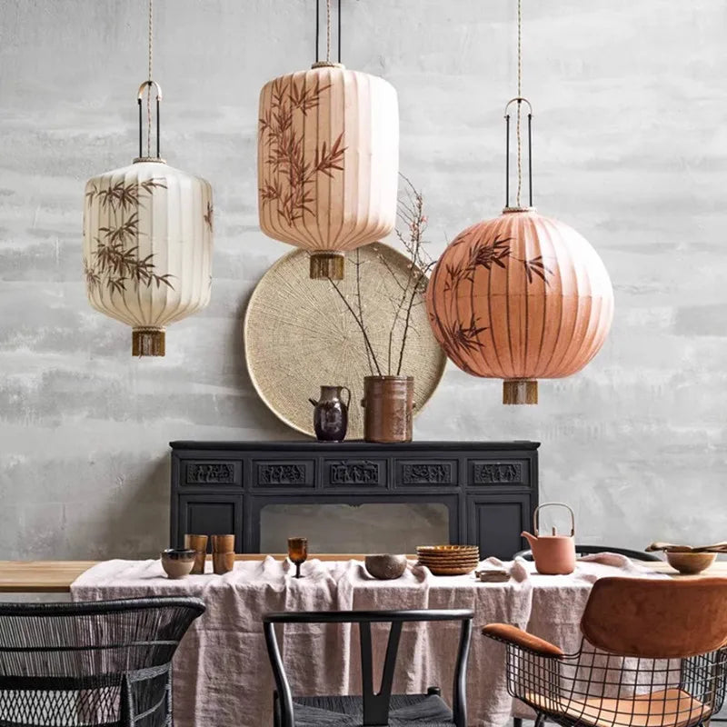 DecorBites™ Handmade Japanese Lantern Painting Pendant Lamp Fabric Chandelier