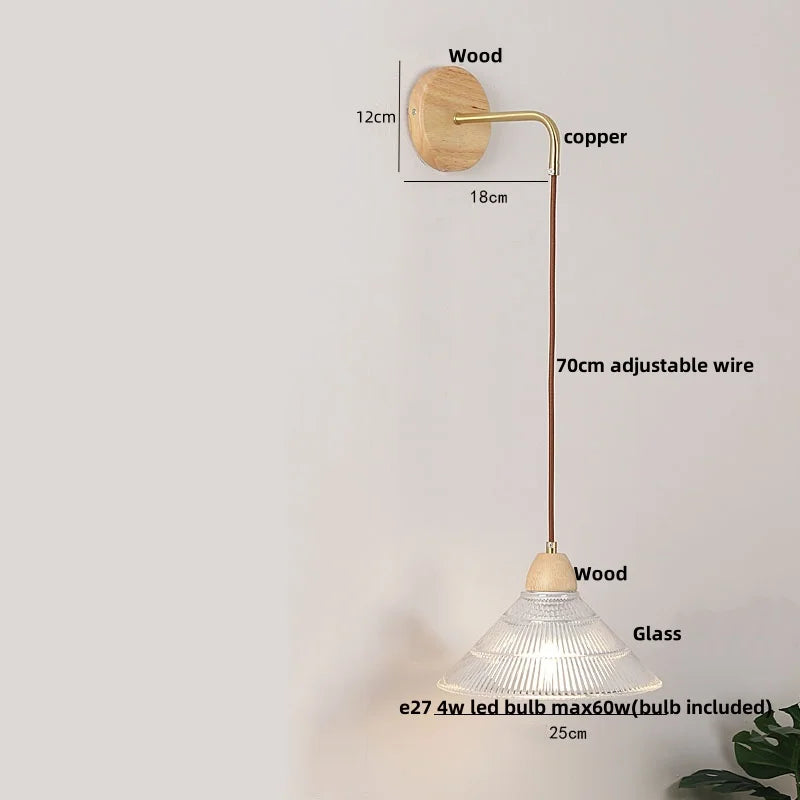 DecorBites™ Clear Glass LED Wall Lights with Wood Pull Chain Switch, Modern Art Bedside Lamp
