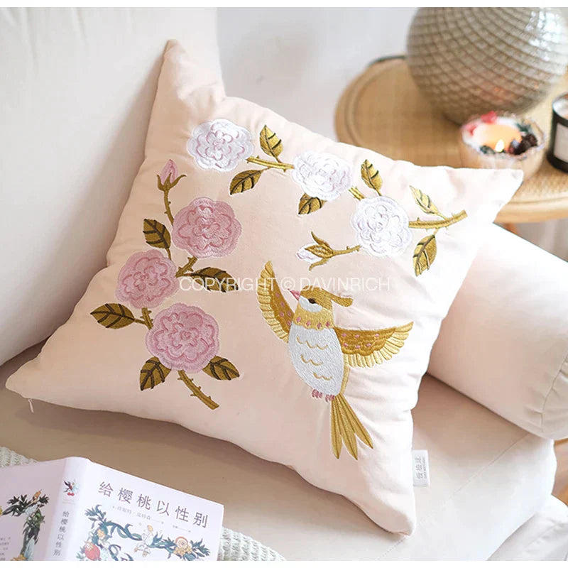 DecorBites™ Bamboo Embroidered Fringed Velvet Lumbar Pillow Cover 30x50cm Luxurious Artistic Oriental Style
