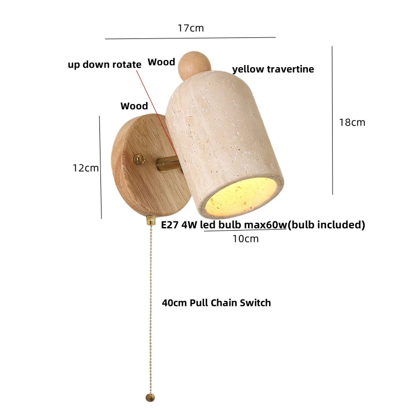 DecorBites™ LED Wall Light Fixture Up Down Rotate Pull Chain Switch Yellow Travertine Wood