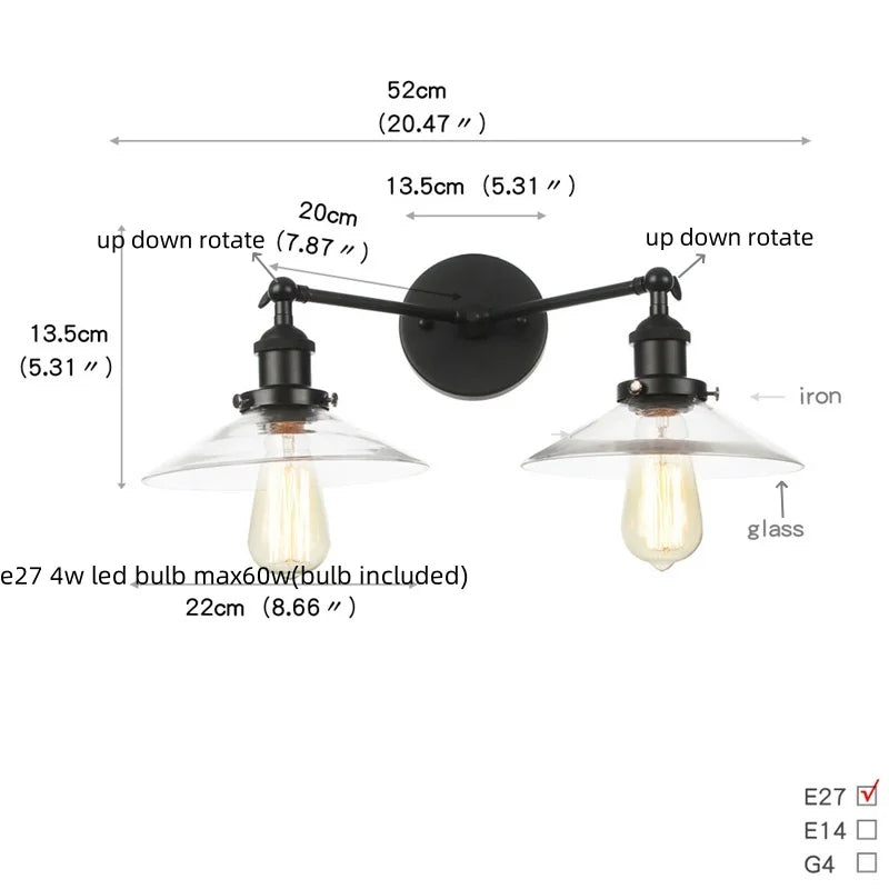 DecorBites™ Industrial LED Wall Light Fixture with Glass Pull Chain Switch - 2 Heads