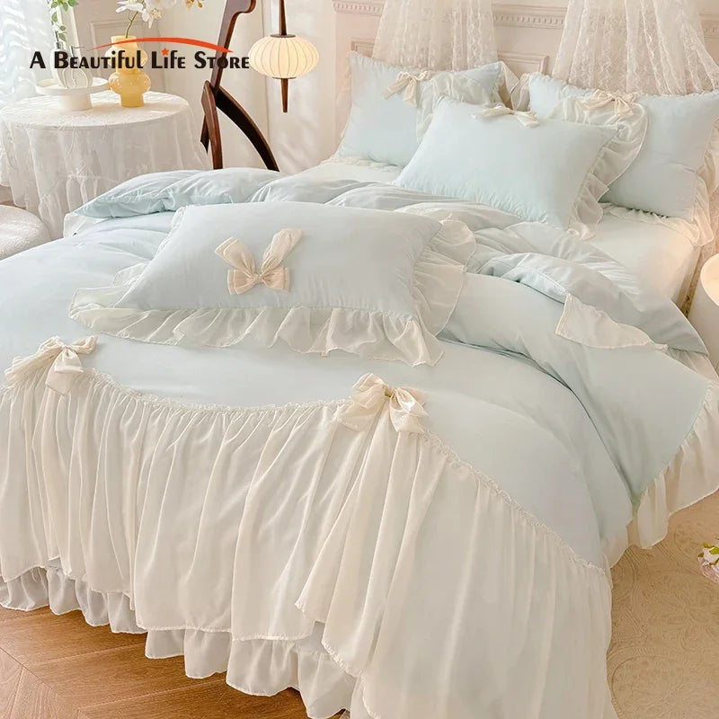 DecorBites™ Korean Lace Bow Bedding Set: Luxury Princess Quilt Cover for Girls Wedding Home Textiles