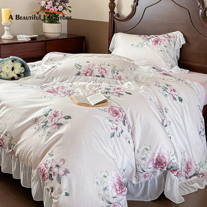 DecorBites™ French Flowers Lace Ruffles Princess Bedding Set with Bed Sheet Pillowcases
