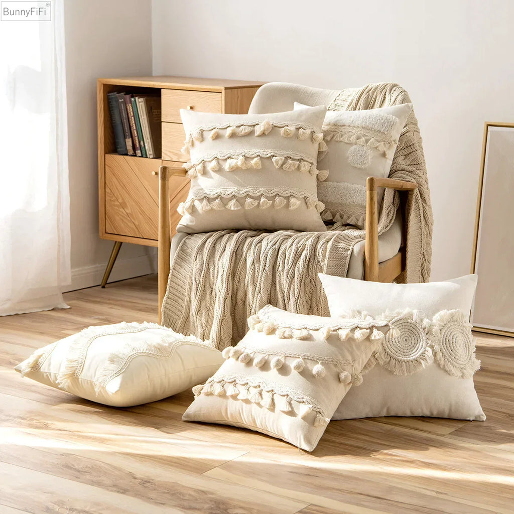 DecorBites™ Ivory Pompom Tassel Pillow Cover 45x45cm/30x50cm Home Decor Sofa Seasonable