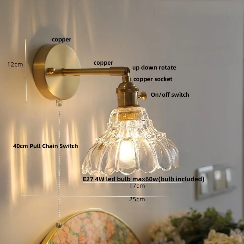 DecorBites™ Clear Glass LED Wall Sconce, Modern Rotating Bedside Lamp with Pull Chain & Copper Socket