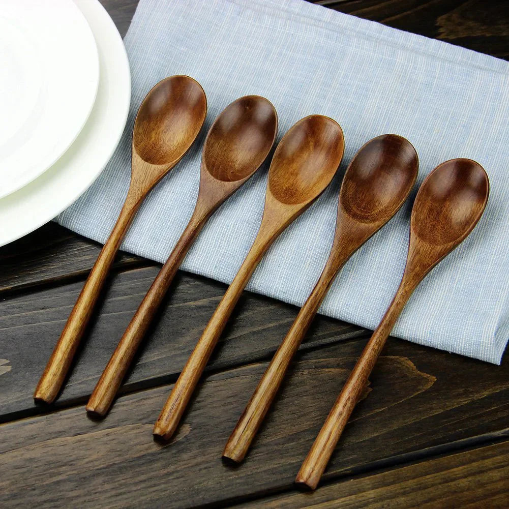 5 Pieces Wooden Spoon Soup Spoon and Fork Tableware Set
