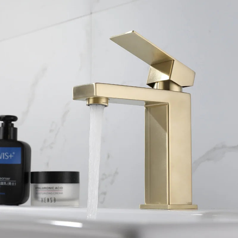 DecorBites™ Brushed Gold Basin Faucet Single Handle Cold Hot Water Mixer Deck Mounted