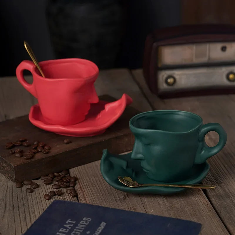 DecorBites™ Frosted Ceramic Face Mug Set: Cup, Saucer, Spoon for Coffee, Tea, Milk