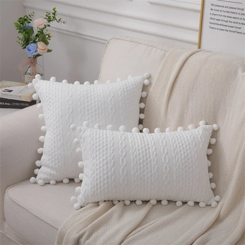 DecorBites™ غطاء وسادة قطني مزين بالدانتيل والكُرات الصغيرة، 50×50 سم، كرات بيضاء، غطاء مقعد ناعم، ديكور منزلي