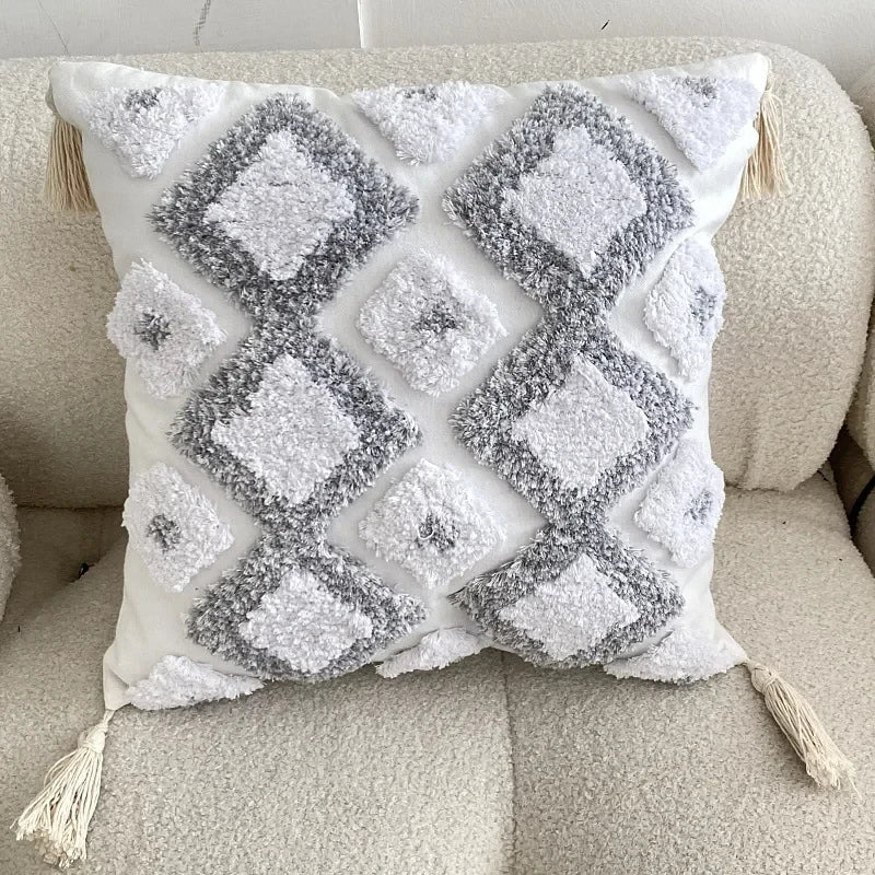 DecorBites™ Geometric Tufted Tassel Pillow Cover - Handcrafted Boho Chic Cushion Cover