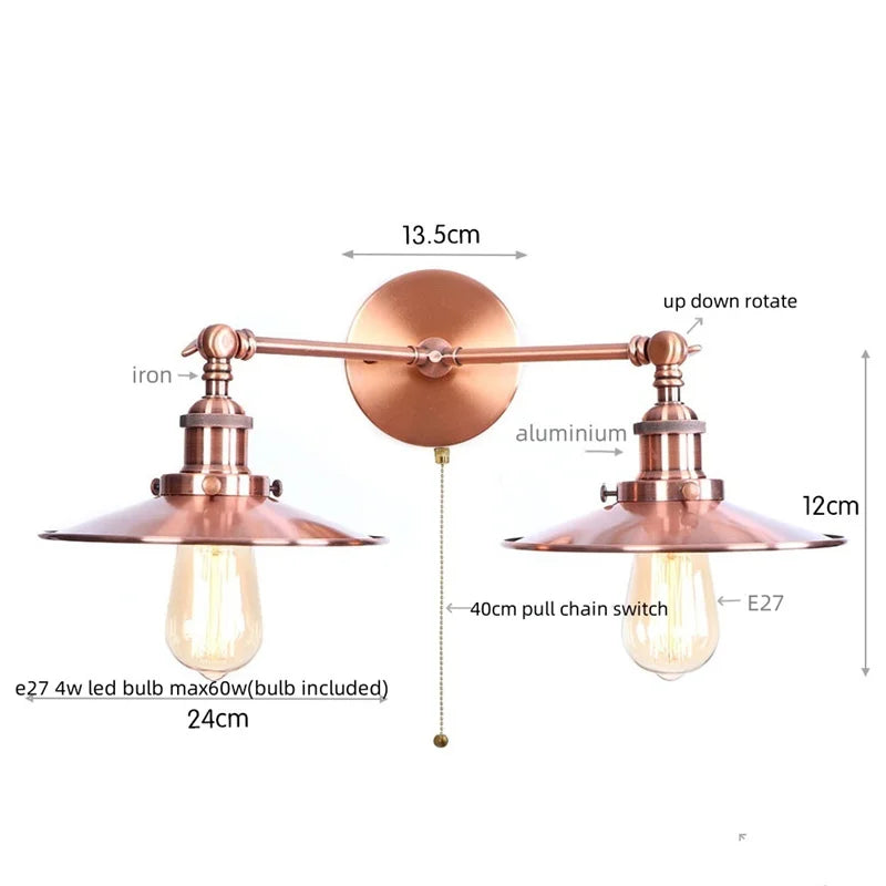 مصباح جداري صناعي ريترو DecorBites™ LED برأسين ومفتاح بسلسلة سحب