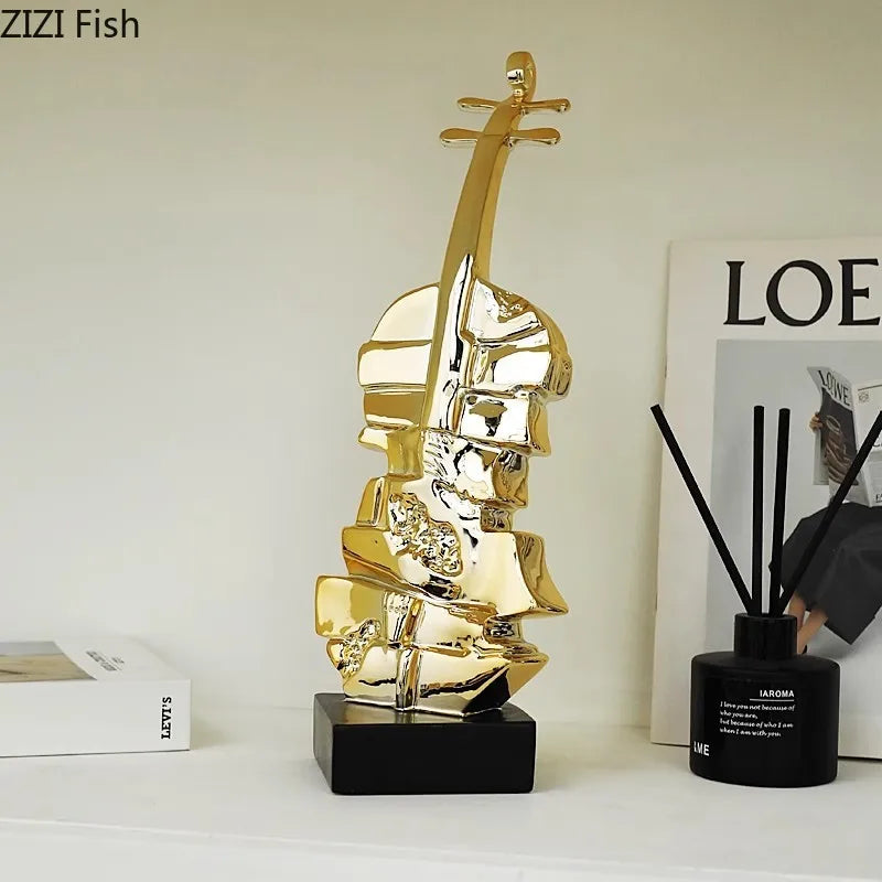DecorBites™ Golden Violin Sculpture Resin Art Ornament Stack Violin Statue Decor