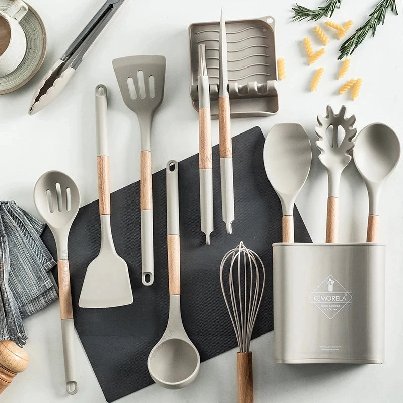 DecorBites™ 10/13 PCS Silicone Kitchen Cookware Set - High Temperature Resistant Non-Stick with Wooden Handle